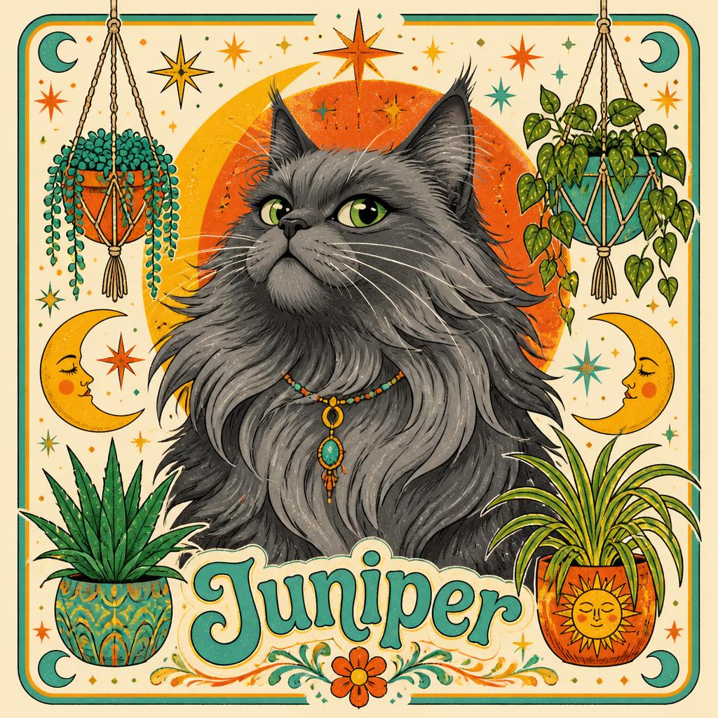 Juniper, the dramatic smoky grey longhaired cat mascot, illustrated with moons and hanging plants
