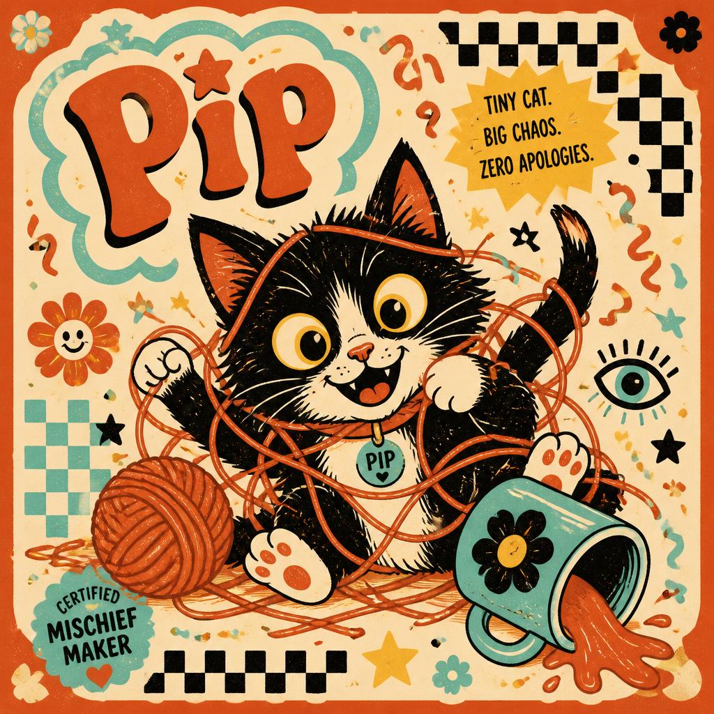 Pip, the tiny tuxedo kitten mascot tangled in yarn, illustrated in playful retro style