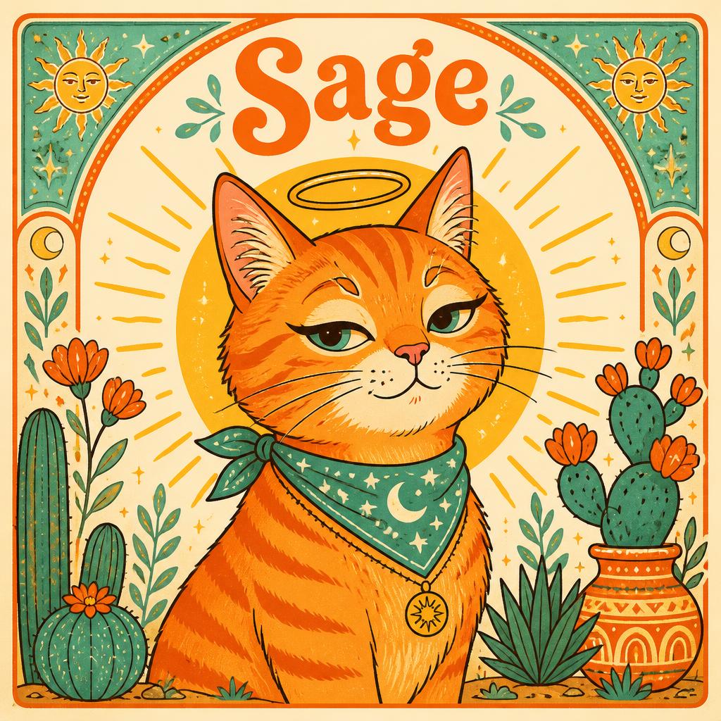 Sage, the haloed orange tabby mascot of Ninth Life Co, illustrated in boho poster style